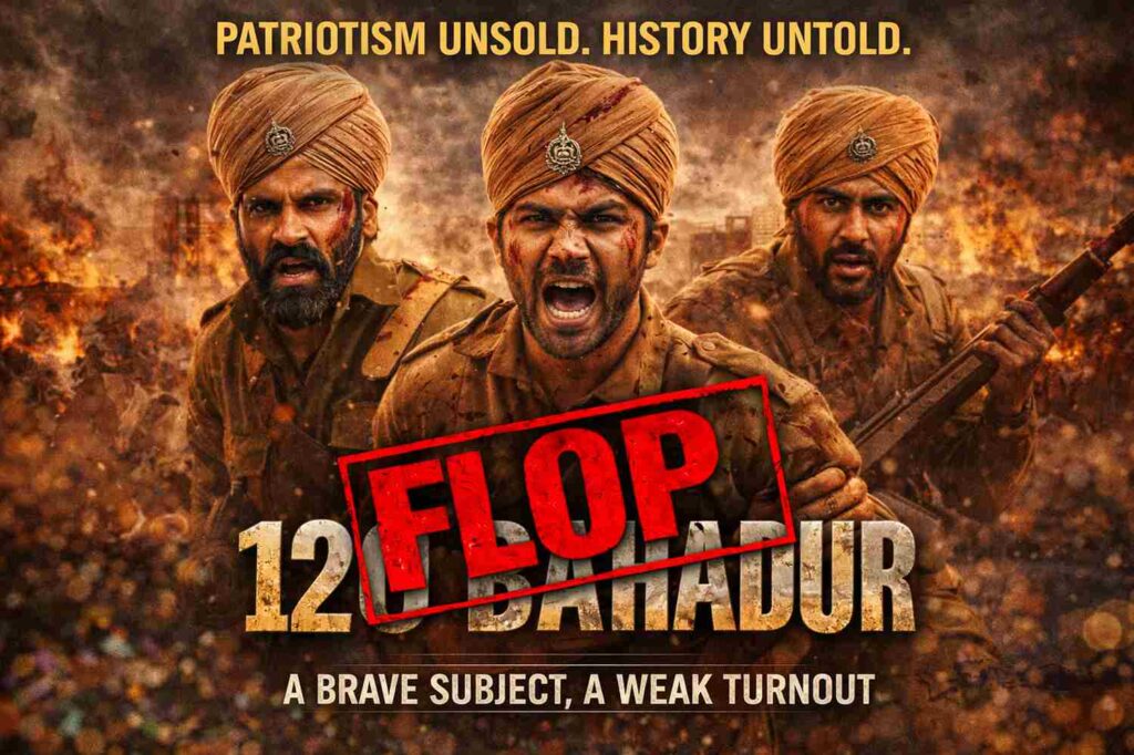 Farhan Akhtar leading soldiers in a battlefield scene from 120 Bahadur.