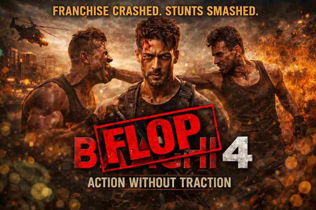 Tiger Shroff performing a high-altitude stunt in a scene from Baaghi 4.