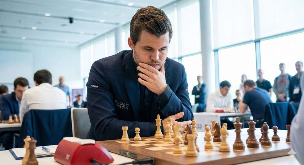 Magnus Carlsen world number 1 chess player sitting at board during tata steel masters 2026.