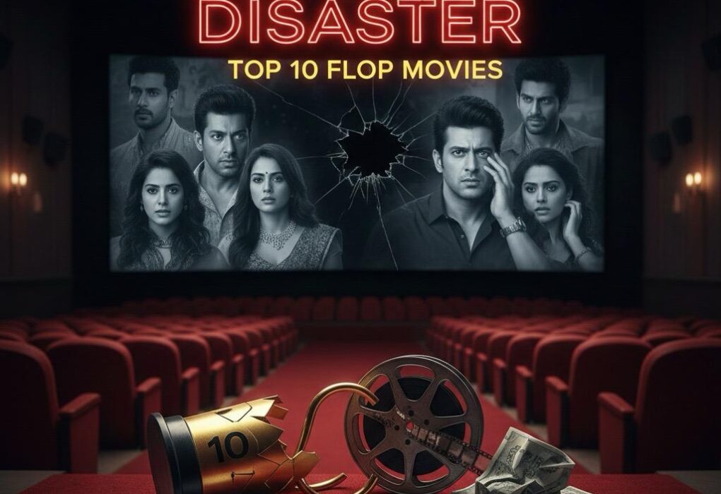 Movie theater with a broken reel and text overlay for top 10 flop movies in Bollywood.