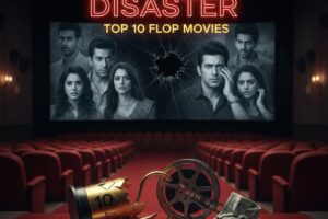 Movie theater with a broken reel and text overlay for top 10 flop movies in Bollywood.